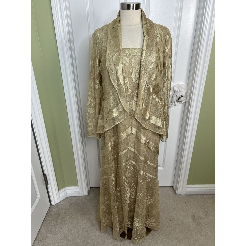 Vintage Damianou Maxi Dress & Jacket Set Women’s L Gold Lace Formal Gown